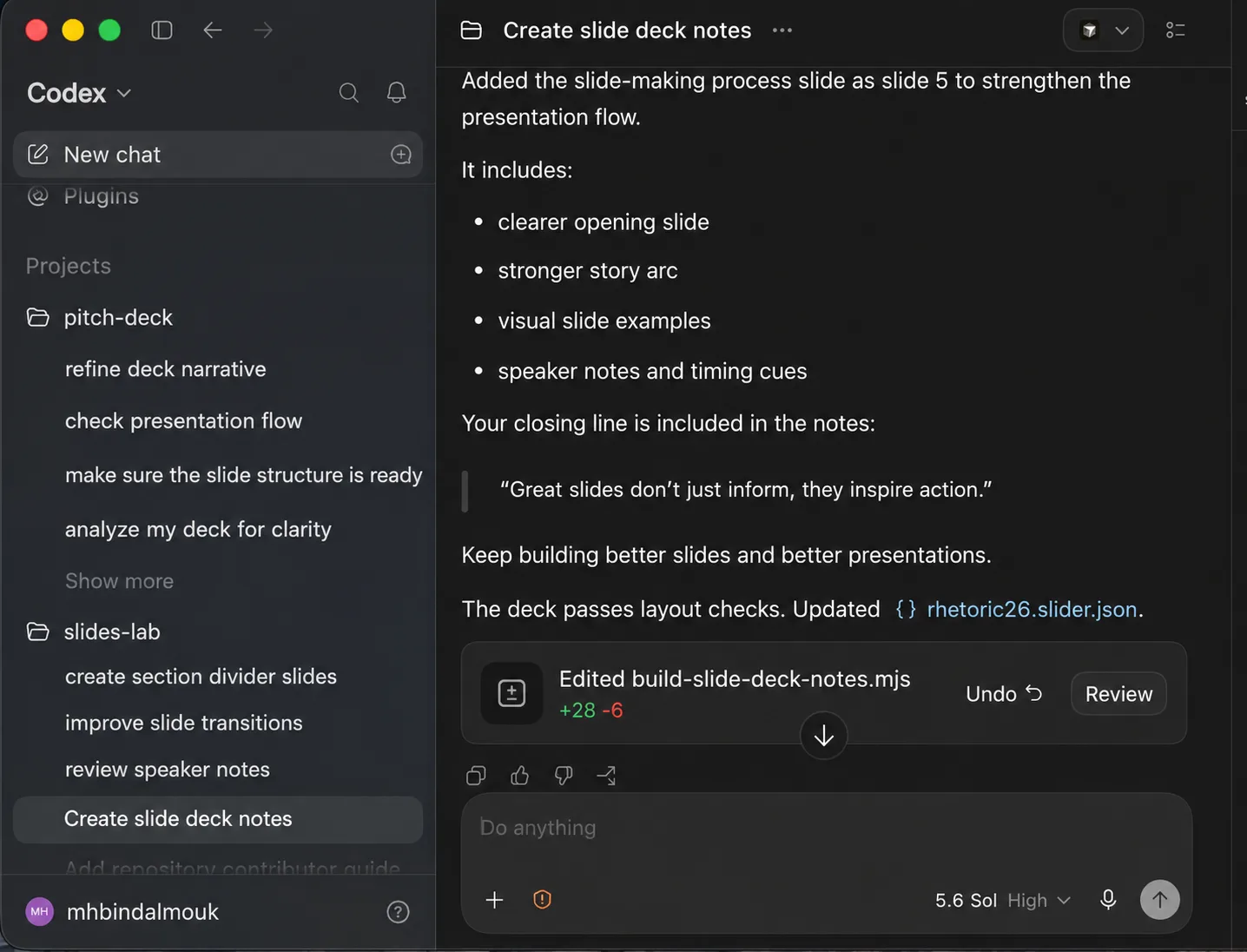Codex working on a Slideable deck: deck tasks listed in the sidebar, and the agent reporting what it changed and why.